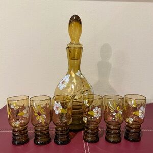Vintage Bohemian Hand Painted Dark Amber Glass Decanter Set w/ 6 Cordial Glasses